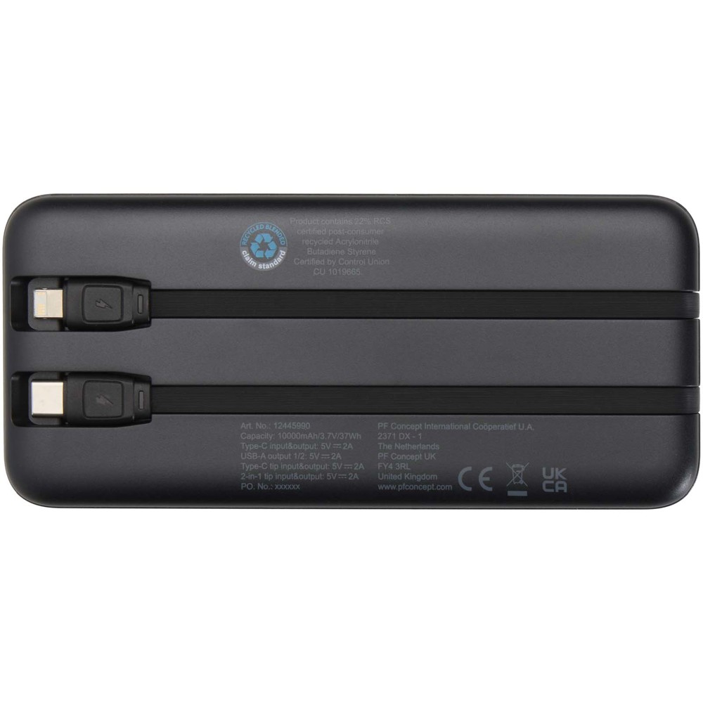 Adhil powerbank van 10.000 mAh 10 W van gerecycled plastic met 2 ingebouwde kabels