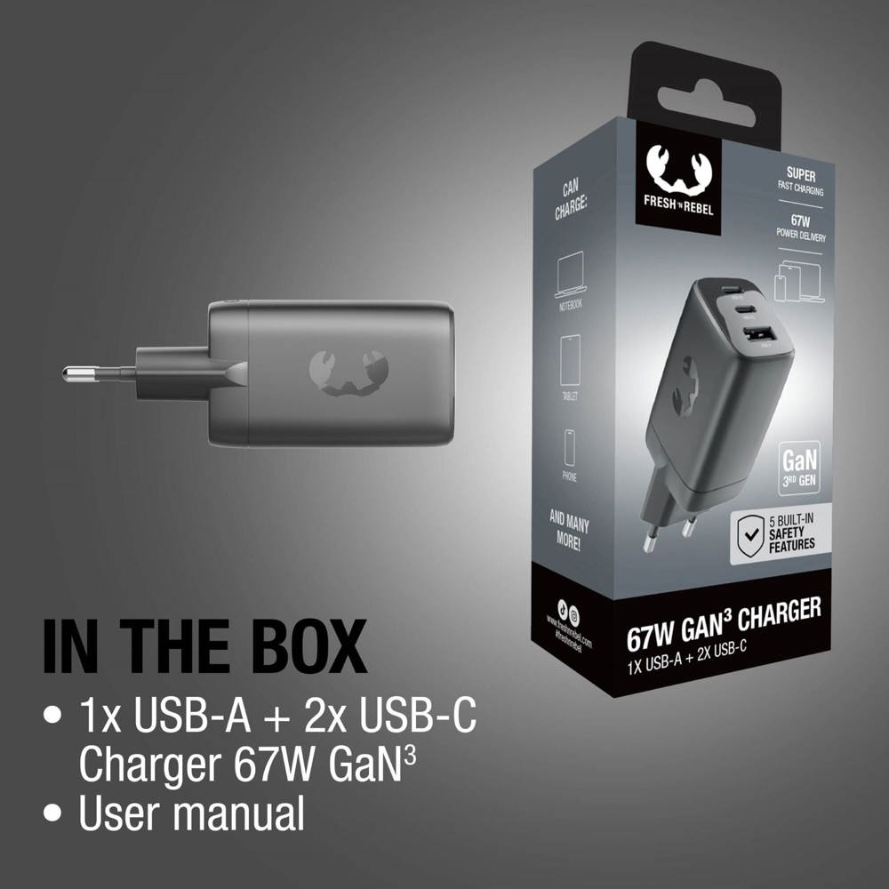 Fresh 'n Rebel 67W Laptop Snellader GaN USB-C &amp; USB-A
