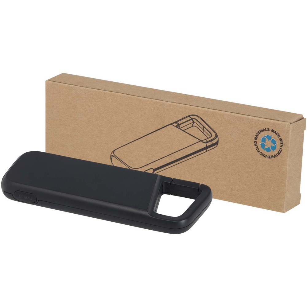 Alkes waterbestendige powerbank van 5000 mAh 12 W van gerecycled plastic met karabijnhaak