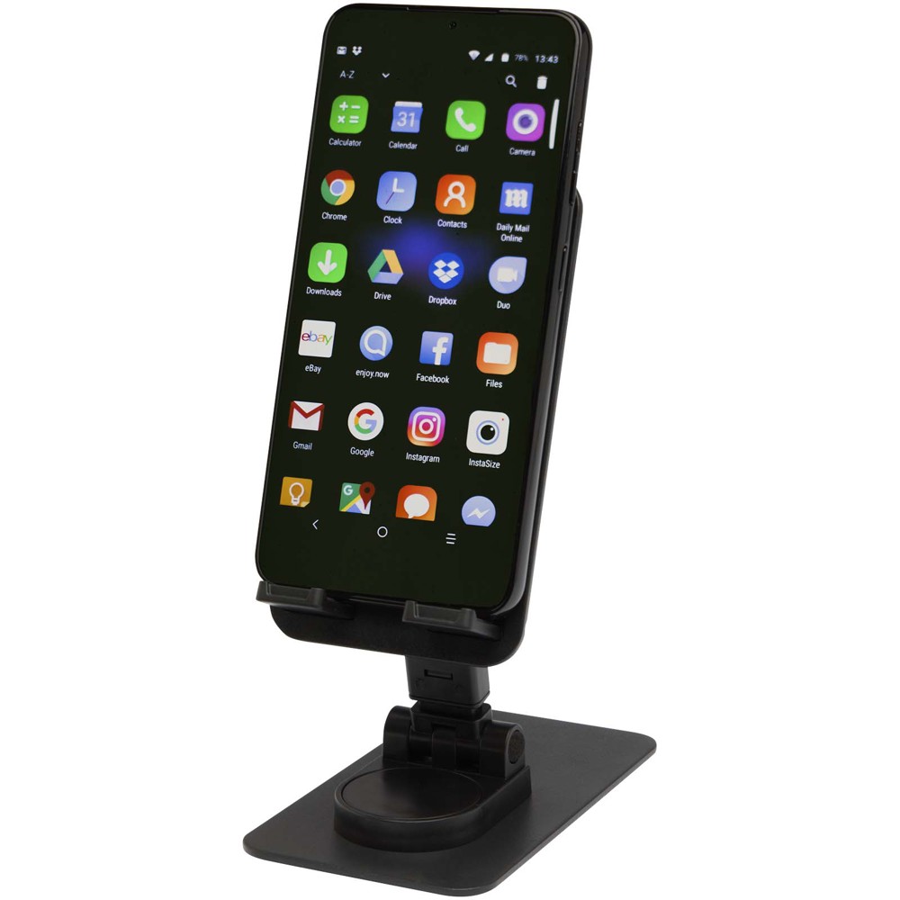 Alhena opvouwbare telefoonhouder van gerecycled plastic met metalen bureaustandaard