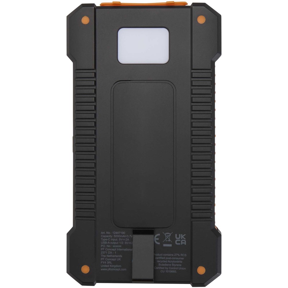Altair robuuste powerbank op zonne-energie van 5000 mAh 10 W met ingebouwde zaklamp van gerecycled plastic