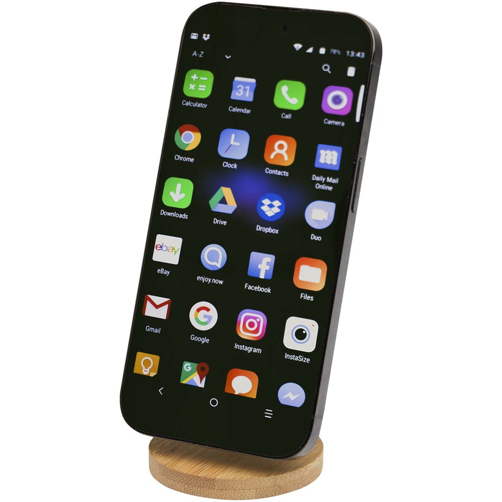Alcor opvouwbare magnetische telefoonstandaard van gerecycled plastic met bamboedetails - Zwart