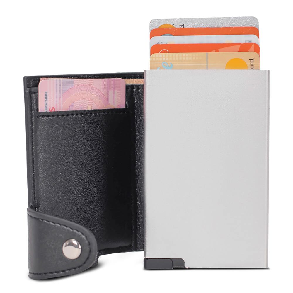 RFID kaarthouder met leerlook hoes - Zwart / Zilver